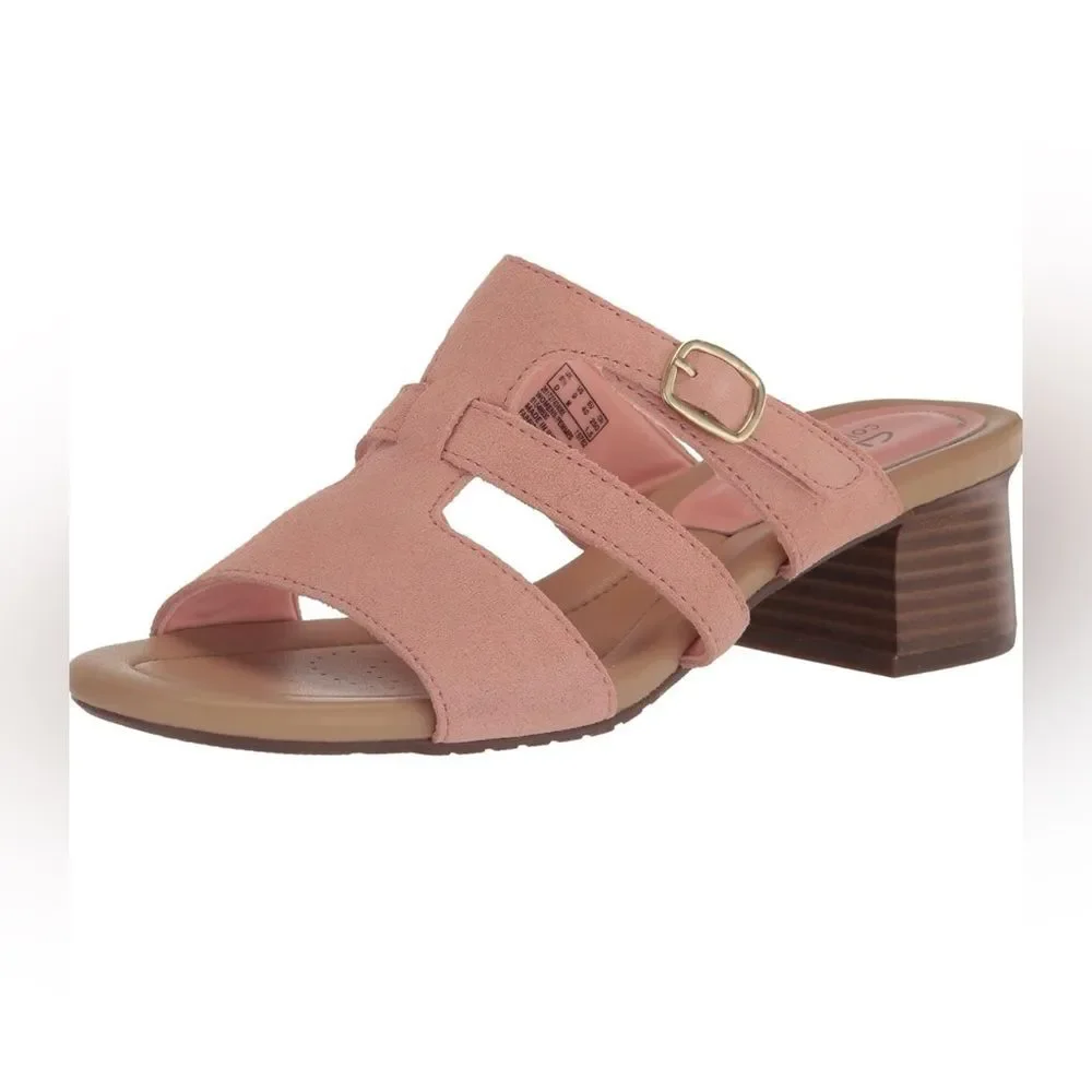 Clarks Heeled Slide Sandals Desirae Palm in powder pink  Suede Size 6.5